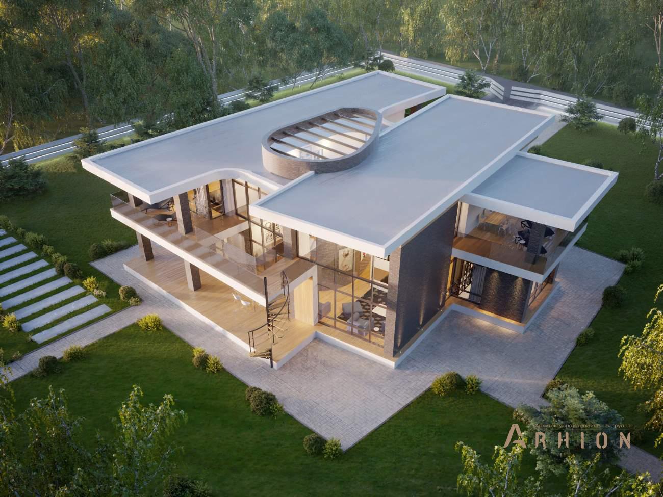 8. Проект двухэтажного дома в стиле хай-тек с плоской кровлей , rh-558, площадью - 558 кв c сауной, терассой, балконом, гаражом, вторым светом